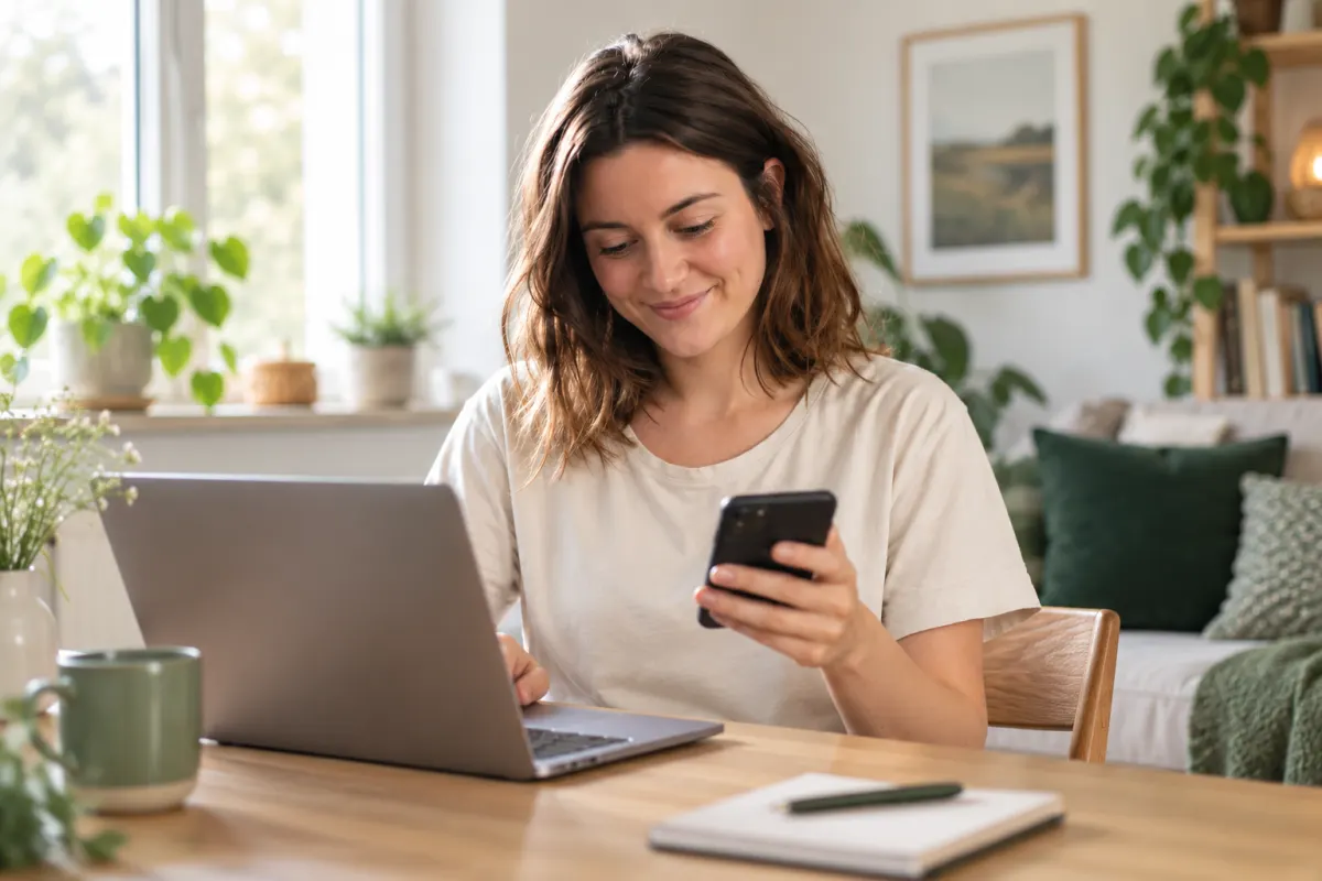 Frau vergleicht Informationen mit Laptop und Smartphone